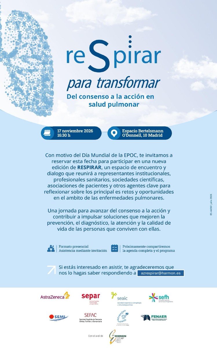 fenaer2's tweet photo. Del consenso a la acción en salud pulmonar. Así se presenta "Respirar para transformar", el encuentro que reunirá el 17 de noviembre en Madrid a instituciones, sociedades científicas, profesionales sanitarios y asociaciones de pacientes con motivo del Día Mundial de la EPOC.

🫁 Reserva la fecha.
@AstraZenecaES @SeparRespira @SEAIC_Alergia @sefh_ @Sociedad_SEMI @SEFAC_aldia @PacientSemergen 
#RESPIRARparaTransformar #FENAER