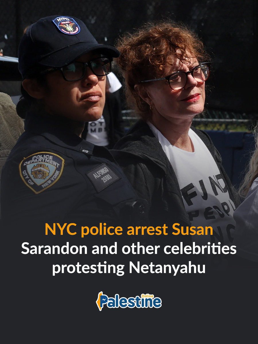 OnlinePalEng's tweet photo. Police arrested about 100 protesters, including actors and politicians, outside the United Nations headquarters in New York, as demonstrators rallied against Israeli Prime Minister Benjamin Netanyahu ahead of his address to the UN General Assembly. https://t.co/I6V7JLLhCU