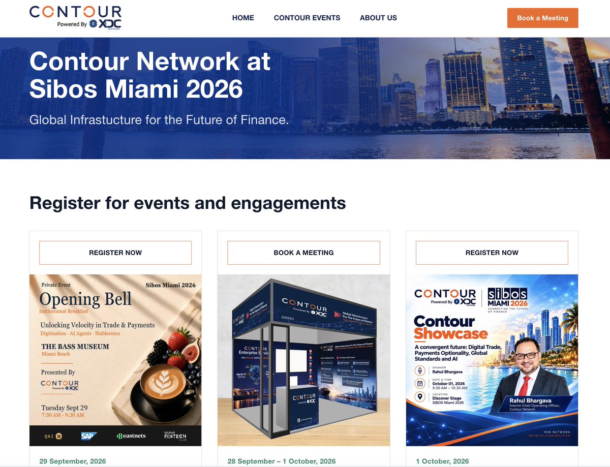 contourtrade's tweet photo. At #Sibos Miami, let’s talk about moving from digital trade to payment execution with less friction.
Join us at event, book now at https://t.co/8i2TYmUK0V
• Our Showcase: https://t.co/2pyKKDV51j
• The Opening Bell breakfast: https://t.co/wHFjXMMqgH
Or meet us at Stand DISS43. Details: https://t.co/wFDjfzXGMG