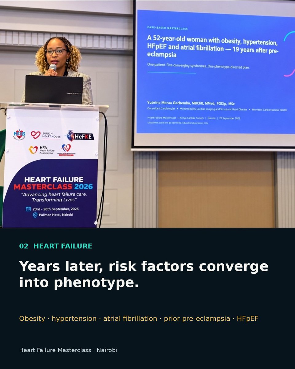 yubrinemoraa's tweet photo. Pregnancy → cardiometabolic risk → HFpEF → cardiorenal disease.
Three scientific conversations. One cardiovascular continuum.
Nairobi: women’s cardiovascular health.
Nairobi: heart failure.
Mombasa: heart × kidney.
Different specialties often meet the same disease trajectory at different stages.
The opportunity? Connect the dots earlier.
Different disciplines. One patient. One cardiovascular continuum.
#CardioObstetrics #HFpEF #Cardiorenal #Cardiology
@kenyacardiacs