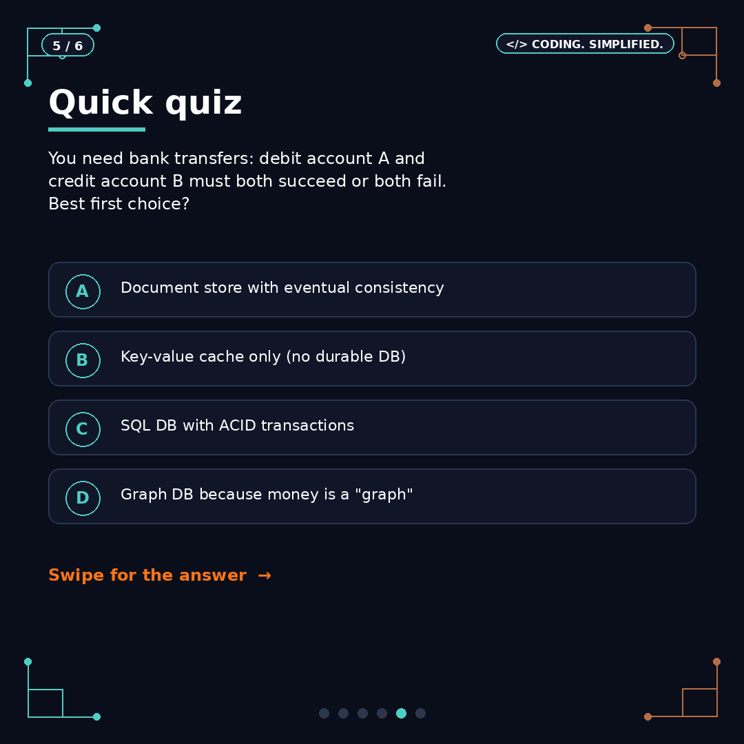 gagu_sh's tweet photo. Answer: SQL with ACID transactions.

Many apps use both: SQL for core truth, NoSQL/cache for hot reads.

Tomorrow: Replication.

#SystemDesign #Databases #Backend #100DaysOfCode https://t.co/GVKMK0VLpd