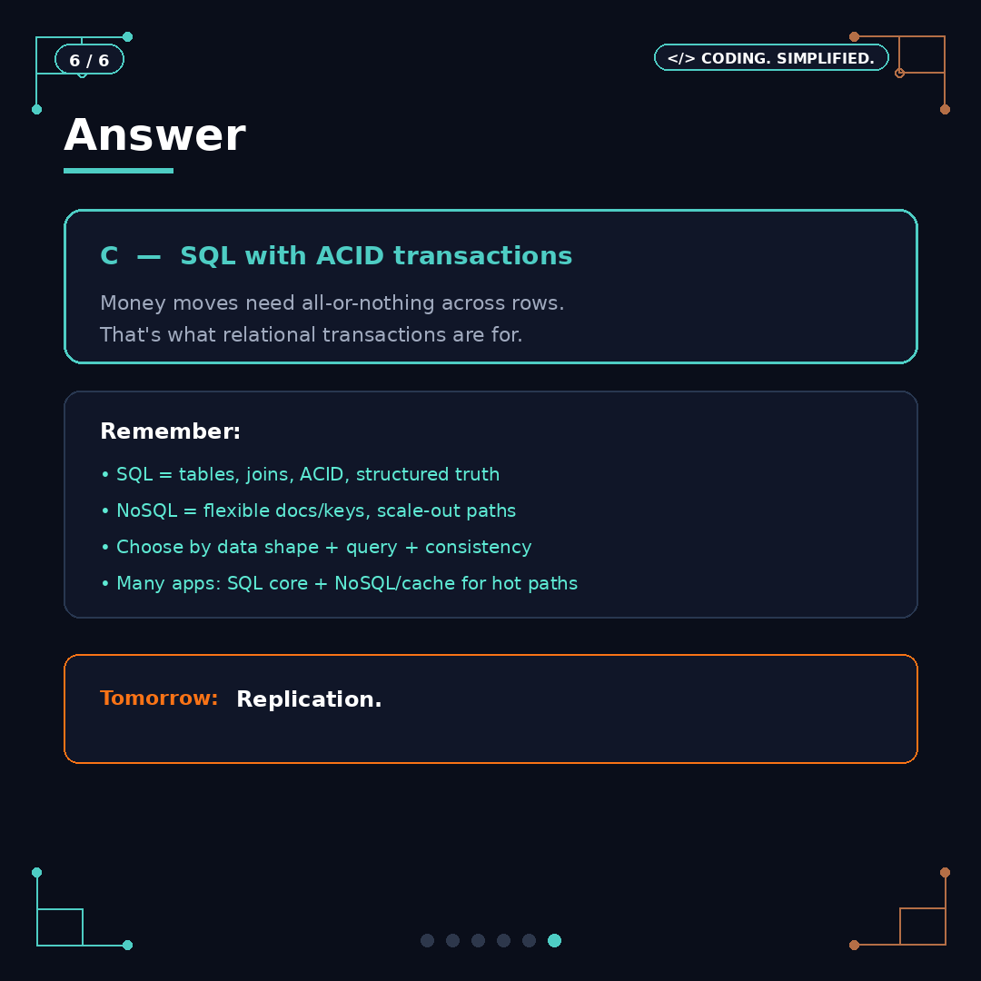 gagu_sh's tweet photo. Answer: SQL with ACID transactions.

Many apps use both: SQL for core truth, NoSQL/cache for hot reads.

Tomorrow: Replication.

#SystemDesign #Databases #Backend #100DaysOfCode https://t.co/GVKMK0VLpd
