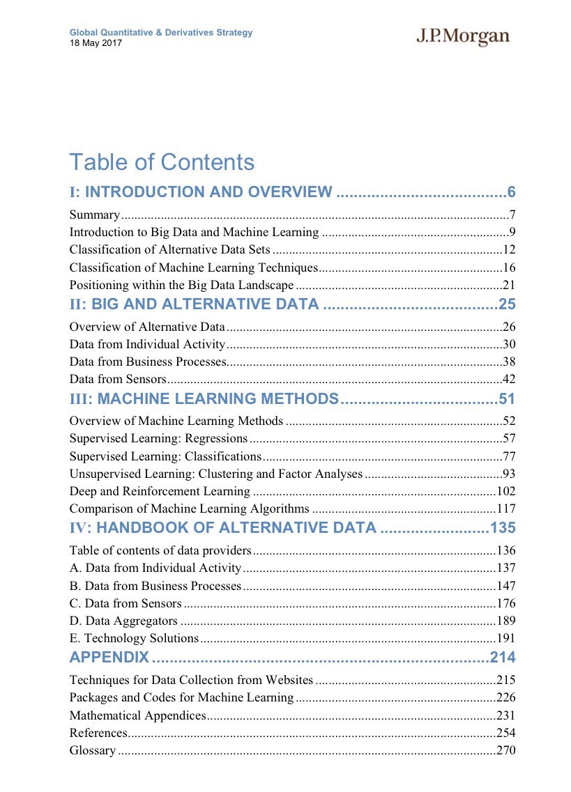 KirkDBorne's tweet photo. This classic FREE 280-page PDF report from @JPMorgan provides an excellent framework for Machine Learning, AI, and Data Science investors, including an overview of types of alternative data and a brilliant tutorial on ML methods to analyze the data: https://t.co/YXQ9YEgZKu https://t.co/o0LaoO2sy9