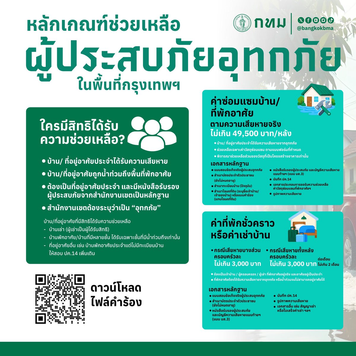 bangkokbma's tweet photo. ✳️  กทม. เปิดขั้นตอนแจ้งความเสียหาย–ขอรับความช่วยเหลือ ผู้ประสบอุทกภัย

✅ ขอให้ผู้ที่ได้รับผลกระทบแจ้งสำนักงานเขตและเก็บหลักฐานความเสียหายไว้ เพื่อเข้าสู่กระบวนการสำรวจ ตรวจสอบ และพิจารณาความช่วยเหลือตามหลักเกณฑ์ต่อไป

📌 ดูข้อมูลเพิ่มเติม https://t.co/G25QjFAFEW

#กทม #อุทกภัย https://t.co/IA5srMzZgh
