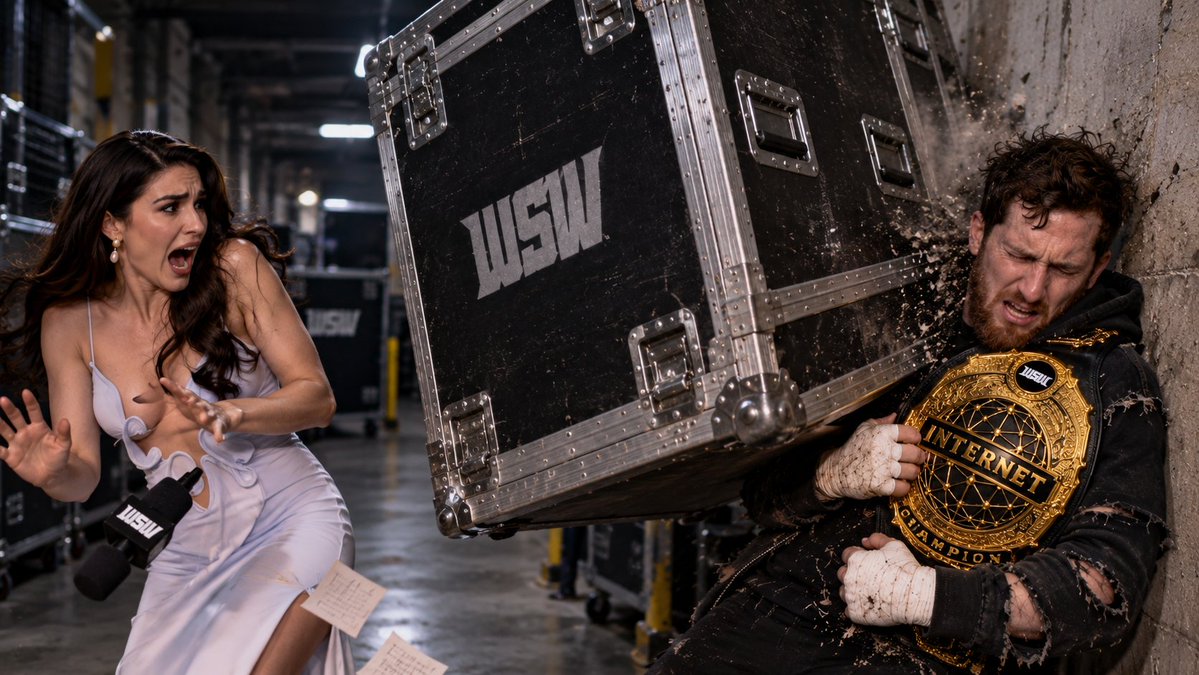 WSWFederation's tweet photo. BOOM. The deafening sound of crunching metal completely cuts Cage off. A massive steel production crate flies into the frame from out of nowhere, crushing the champion flush against the concrete wall! Kathy Evans screams in sheer terror, dropping her notes and scrambling out of the way.