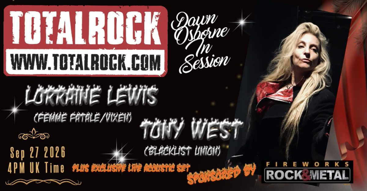 TotalRockOnline's tweet photo. Tomorrow Lorraine Lewis of Femme Fatale (ex Vixen) and Tony West of Blacklist Union Cart and Horses Session Sun Sep 27, 4pm UK time on TotalRock sponsored by @Fireworks_Mag @Lorrainekicks @blacklistunion #femmefataleband #blacklistunion #totalrock https://t.co/UetNY5SD8a
