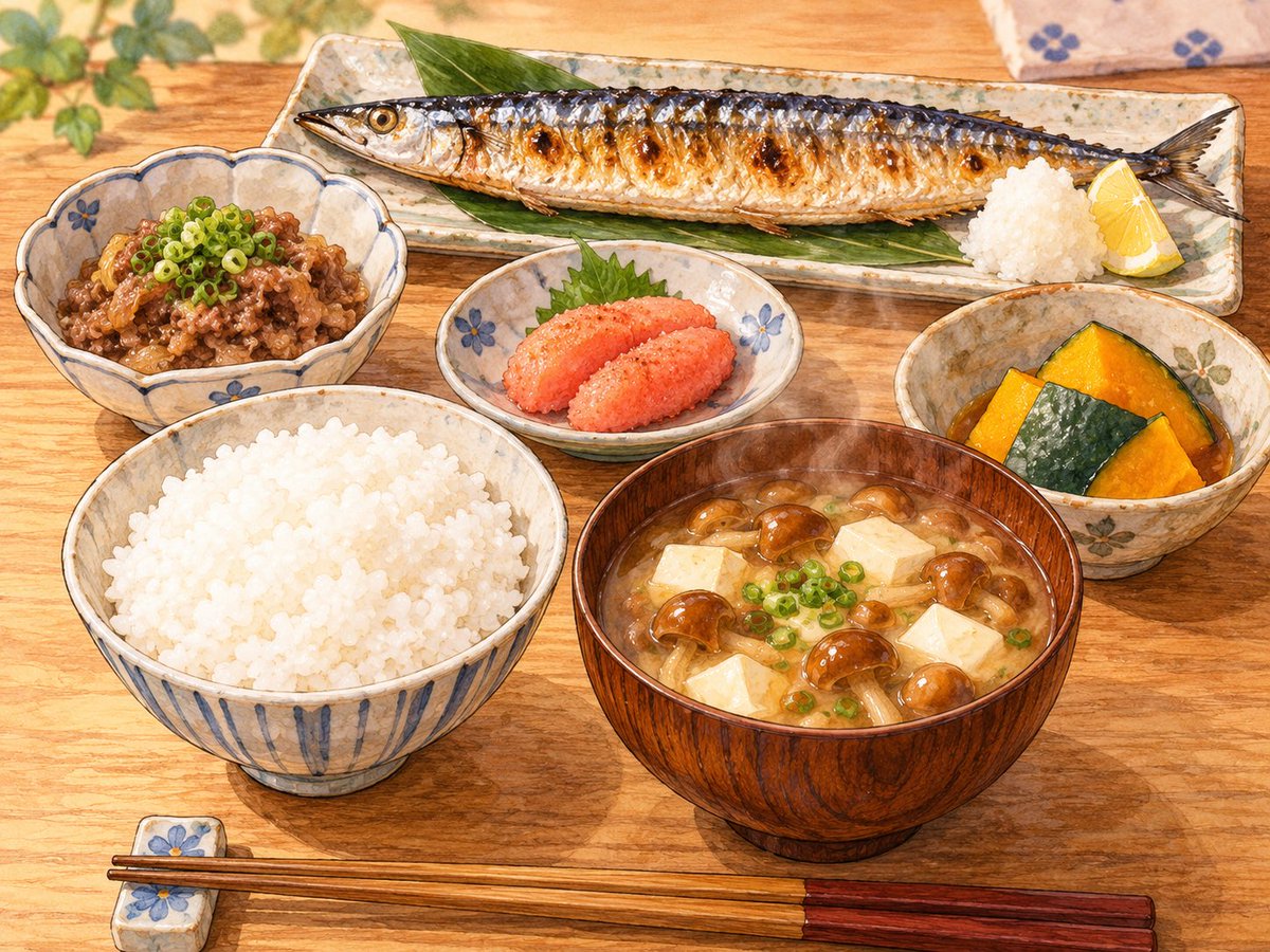 muro_p's tweet photo. 今日の晩ごはん🍚

・白飯
・大粒なめこと豆腐の味噌汁
・サンマの塩焼き
・松阪牛のそぼろ煮
・明太子
・蒸しかぼちゃ

秋らしい和食メニュー😋

イメージのイラストをチャッピーに書いてもらった！ https://t.co/ETQAYjxMtl