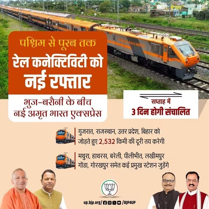 munawarbjp's tweet photo. भाजपा सरकार में मजबूत हो रहा रेल नेटवर्क, सशक्त हो रहा विकसित भारत का संकल्प।

पश्चिम से पूरब तक रेल कनेक्टिविटी को नई रफ्तार

भुज–बरौनी के बीच नई अमृत भारत एक्सप्रेस

: गुजरात, राजस्थान, उत्तर प्रदेश, बिहार को जोड़ते हुए 2,532 किमी की दूरी तय करेगी

: सप्ताह में 3 दिन होगी संचालित

: मथुरा, हाथरस, बरेली, पीलीभीत, लखीमपुर, गोंडा, गोरखपुर समेत कई प्रमुख स्टेशन जुड़ेंगे
@myogiadityanath 
@idharampalsingh 
@kpmaurya1 
@brajeshpathakup 
@nawabsnagar 
@tejendrabjp
@BJP4UP
