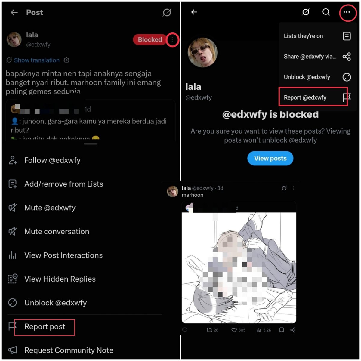 18jju's tweet photo. 🚨 HELP MASS REPORT AND BLOCK ‼️

PLEASE HELP REPORT & BLOCK THESE ACCOUNTS. they are sexualizing jh and mrtn by creating sexual narratives about them (kissing, intimacy, and explicit comments) that constitute sexual harassment.

REPORT x5 under:
▫️ Child Safety
   ➡️ Child sexual exploitation 
▫️ Hate, Abuse, & Harassment 

write additional context after “child sexual exploitation” with:

“this account is sexualizing CORTIS members juh00n and m4rt1n by inventing sexual narratives about them. this is sexual harassment and objectification.”

▫️https://t.co/RY0K62chc5
post: https://t.co/57XYKhX8y3

▫️https://t.co/mKRqKdKjM0
post: https://t.co/1iFbrsBfKf

please report the posts first, then the accounts.

📝 NOTE:
please also check and block the replies under their post that lead to sexual harassment toward jh and mrtn. i can’t share every account here, please judge the content yourself and report & block accordingly 🙏🏼

‼️ DON’T ENGAGE: DON’T FOLLOW, REPLY, QRT, REPOST, LIKE, OR BOOKMARK THEIR POSTS ❌❌❌❌

swipe the picts for the guide 👇🏼 help retweet this post and share to your mutuals! thank you.

#ProtectCORTIS