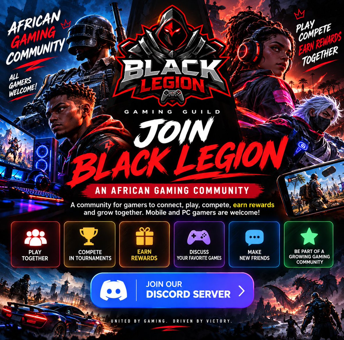 BIGVHEJOE's tweet photo. Black Legion Gaming Guild is officially live for everyone.

So if you’re a Web2 /Web3 Gamer, Mobile or PC gamer, everyone is welcome.

Join us, invite your gamer friends, and let’s build something strong together

Discord: https://t.co/KUQR8Oz0Yq https://t.co/fIfryqMard