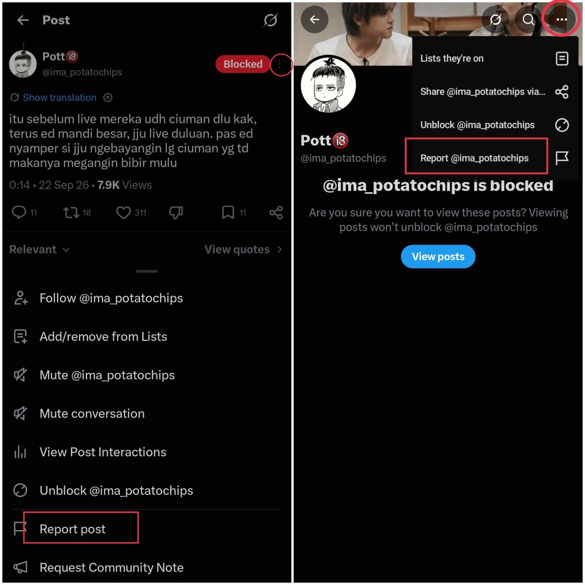 18jju's tweet photo. 🚨 HELP MASS REPORT AND BLOCK ‼️

PLEASE HELP REPORT & BLOCK THESE ACCOUNTS. they are sexualizing jh and mrtn by creating sexual narratives about them (kissing, intimacy, and explicit comments) that constitute sexual harassment.

REPORT x5 under:
▫️ Child Safety
   ➡️ Child sexual exploitation 
▫️ Hate, Abuse, & Harassment 

write additional context after “child sexual exploitation” with:

“this account is sexualizing CORTIS members juh00n and m4rt1n by inventing sexual narratives about them. this is sexual harassment and objectification.”

▫️https://t.co/RY0K62chc5
post: https://t.co/57XYKhX8y3

▫️https://t.co/mKRqKdKjM0
post: https://t.co/1iFbrsBfKf

please report the posts first, then the accounts.

📝 NOTE:
please also check and block the replies under their post that lead to sexual harassment toward jh and mrtn. i can’t share every account here, please judge the content yourself and report & block accordingly 🙏🏼

‼️ DON’T ENGAGE: DON’T FOLLOW, REPLY, QRT, REPOST, LIKE, OR BOOKMARK THEIR POSTS ❌❌❌❌

swipe the picts for the guide 👇🏼 help retweet this post and share to your mutuals! thank you.

#ProtectCORTIS