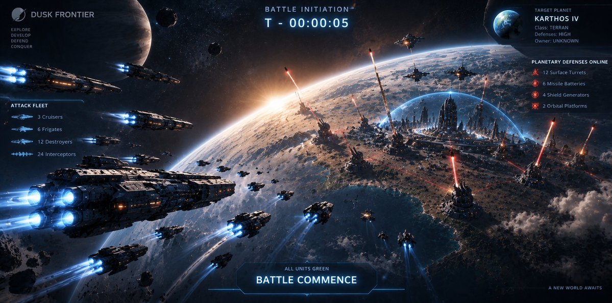 GoDuskFrontier's tweet photo. Orbit is where empires change hands. Launch your attack fleet, track every phase from departure to conquest, and claim what you find. Persistent ships, real stakes. ⚔️ #DuskFrontier #StrategyGame https://t.co/HkQRK2T2vS