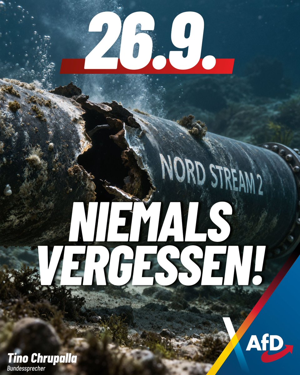 Tino_Chrupalla's tweet photo. Heute vor vier Jahren haben Gegner der deutschen Energiesouveränität #NordStream gesprengt. Die Lebensader der deutschen Industrie – durchtrennt. Die @AfD fordert, dass der Anschlag auf internationaler, nationaler und europäischer Ebene aufgeklärt wird. Alle Verantwortlichen müssen zur Rechenschaft gezogen werden. Nord Stream muss repariert, geöffnet und gesichert werden!
