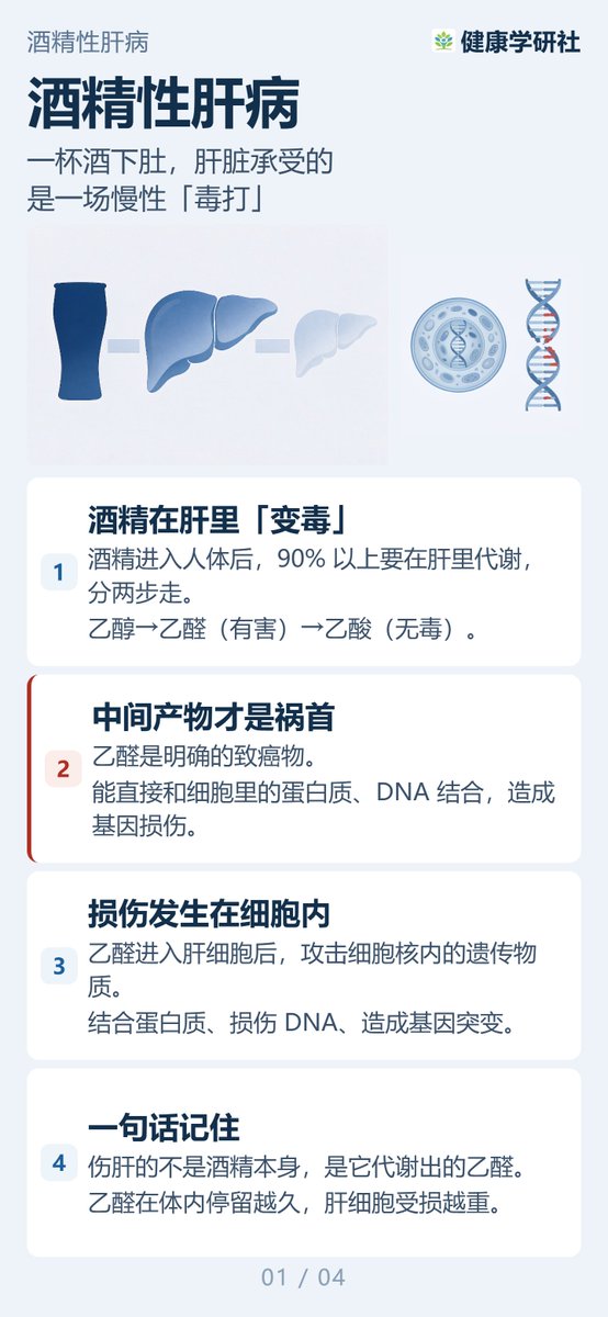 HealthResLab's tweet photo. 一杯酒下肚，要付出什么代价？

很多人以为「能喝」就是肝好，其实从第一口酒起，肝就在替全身承担一场慢性的「毒打」，而中间产物乙醛，是被明确的致癌物。四屏看清酒精伤肝的完整链条。
一起远离酒精，拥抱健康。

参考：
中国酒精性肝病防治指南（2024 年版）
酒精性肝病诊疗指南（2024 修订版） https://t.co/P1WDaMKwv4