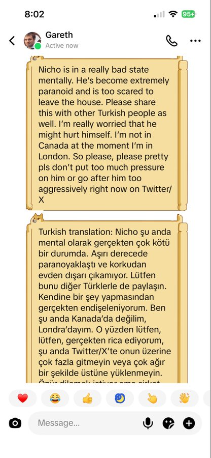 Spelay0's tweet photo. Atatürk profil fotoğrafı kullananları banlayan moderatör Chakerathe'nin okul arkadaşının bir Türk kullanıcısına yazdığı şeyler.

3. Görsel'in Türkçesi: "Çalıştığı şirket de Türkleri pek sevmesiyle tanınmaz. Atatürk'e karşı düşmancalar ve Nicho'nun haksız olduğunu düşünmüyorlar. Dürüst olmak gerekirse hâlâ neden bu oyunları oynadığını anlamıyorum. Bunu Avrupalılar için yapıyorlar."

via: @oliviana78 
#paradox #racistparadox #atatürk