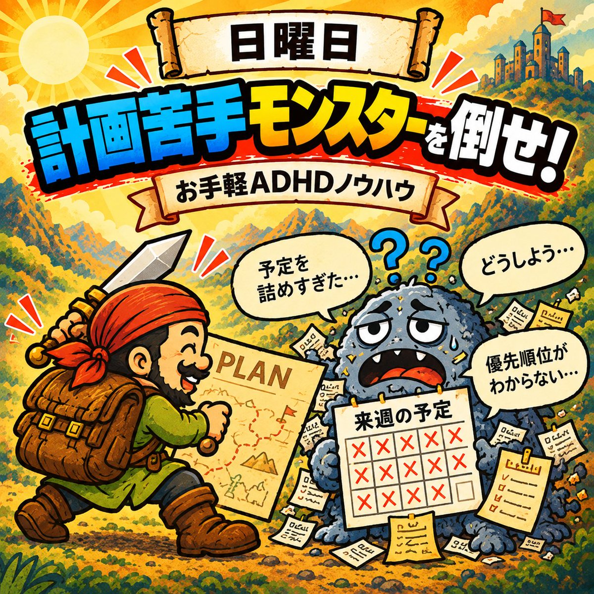 ebisu_adhd's tweet photo. おはようございます！えびすです！🚕
今日のADHD仕事術テーマは
『計画苦手モンスターを倒せ！』です！

日曜日。カレンダーを開いて、明日から金曜日まで予定を埋める。
「これなら全部できそう」と思ったのに、月曜に急な連絡が入って、初日からずれてしまうことはありませんか？
予定が変わる可能性を考えておく「対応計画」という考え方があります。簡単にいうと、急な依頼や中断が起きることも見込んでおく計画です。

そんな計画苦手モンスターを倒すには
★★今日のADHD攻略法★★
明日からの予定に、変更用の空き時間を一枠だけ作ってみてください。
「月曜午後は全部、資料作成」→「最後の30分は空けておく」
急な依頼が来たらその枠を使う。何もなければ資料の続きを進める。今日はカレンダーを見て、空けておく枠を一つ決めてみませんか？

明日からの1週間で、どの日に30分空けられそうですか？