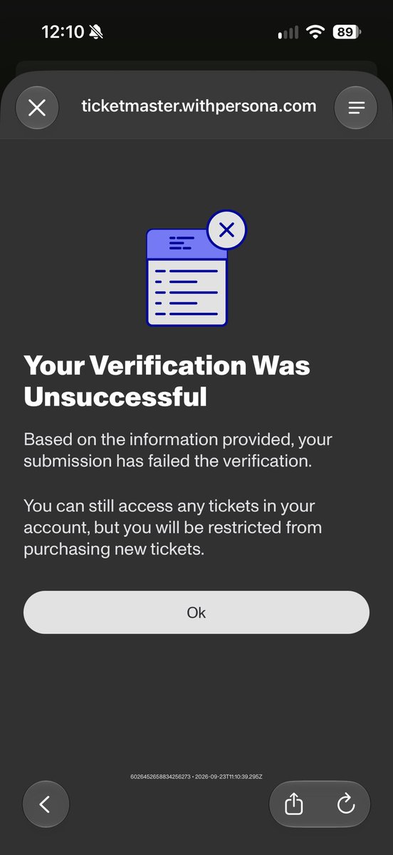 LukeSamples7's tweet photo. @TicketmasterCS I cannot verify my ID using Persona. I keep getting the same message, shown in the photo. Help please. https://t.co/IeoM6zOCwq