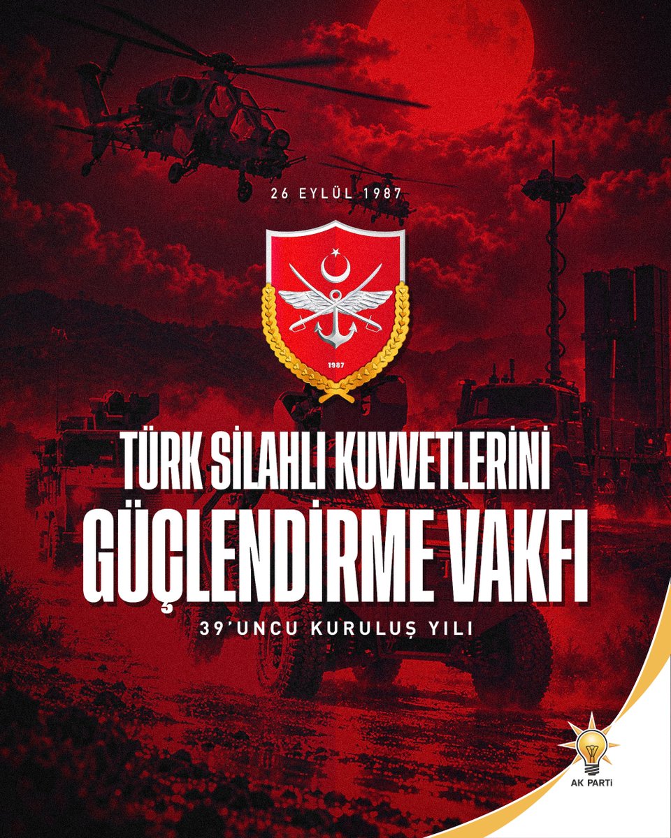 Akparti's tweet photo. Cumhurbaşkanımız Sayın @RTErdogan’ın liderliğinde, milli teknolojilerimizle kahraman ordumuzun gücüne güç katmaya devam ediyoruz.

Türk Silahlı Kuvvetlerini Güçlendirme Vakfı’nın 39'uncu kuruluş yıl dönümü kutlu olsun! https://t.co/QHUTDwik5n