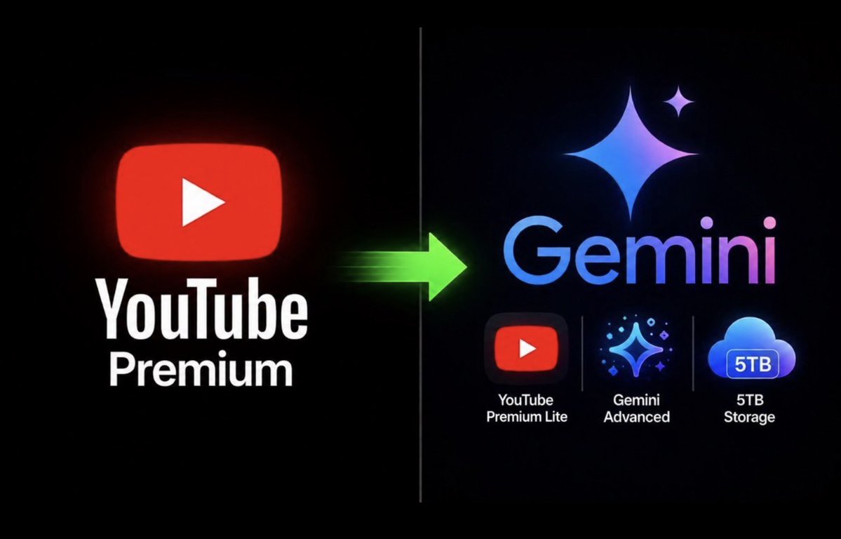 WfrhaFiJibak's tweet photo. 🚨 إذا أنت تدفع على  YouTube Premium ، اقرأ هذا

Google أضافت YouTube Premium Lite  داخل اشتراك Gemini بنفس السعر.

الحين تقدر تاخذ أقوى ذكاء اصطناعي بالعالم + يوتيوب بدون إعلانات ضمن باقة وحدة.

وهذا كيف تبدّل 👇🏽 https://t.co/k7bMo9K9zv