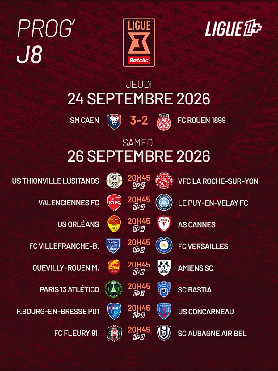 ligue3betclic's tweet photo. 𝐔𝐧 𝐬𝐚𝐦𝐞𝐝𝐢 𝐬𝐨𝐢𝐫 𝐩𝐚𝐬 𝐜𝐨𝐦𝐦𝐞 𝐥𝐞𝐬 𝐚𝐮𝐭𝐫𝐞𝐬 😍

🔜 RDV à 20h45 sur les antennes de @ligue1plus pour le multiplex de la J8 !

#Ligue3Betclic https://t.co/yiR71hSkZT