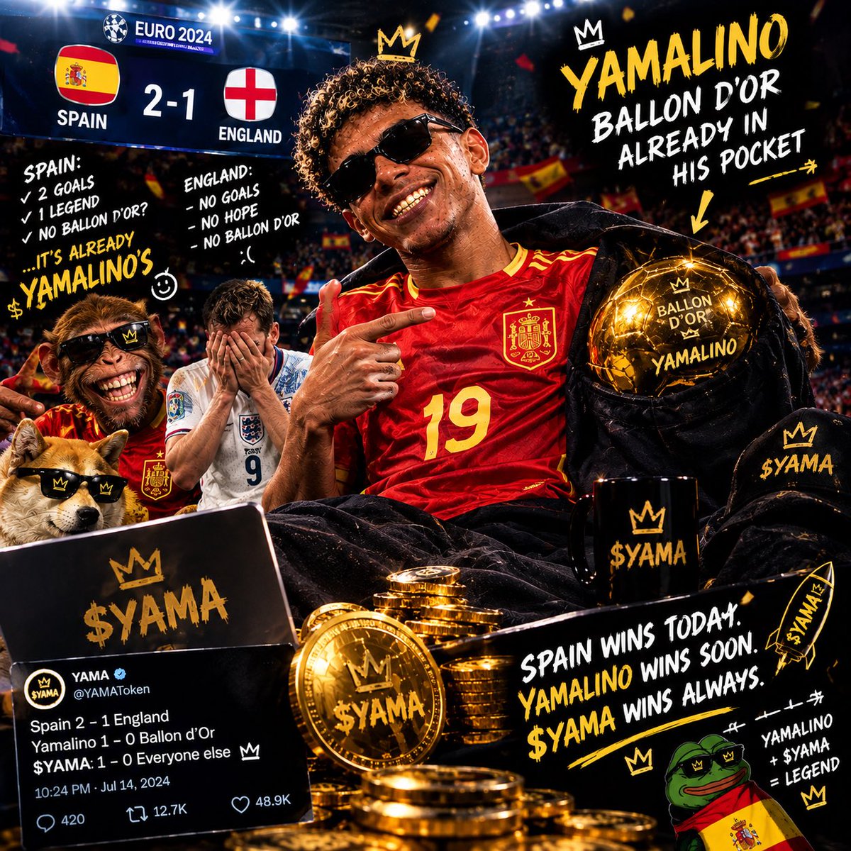YamalinoCoIN's tweet photo. England: "We're taking the trophy home."
Yamalino: "Cool. I'll take the Ballon d'Or too."
$YAMA — bro is collecting trophies like memecoins. "🏆⚽️ https://t.co/Gt7i7RgEZh