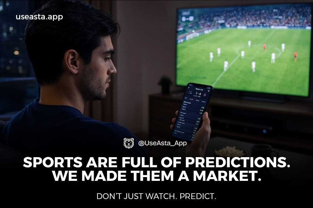 UseAsta_App's tweet photo. Every football fan knows that person.

The one who watches a match for 10 minutes and suddenly becomes a football analyst.

➜ They’re scoring before halftime.
➜ There’s no way this ends in a draw.
➜ Watch this striker score tonight.
➜ This team is winning the league.

And somehow, everyone has an opinion.

Before the match, during the match.

Sometimes even before the fixtures are announced.

Sports are full of predictions. But most of the time, they stay as arguments between friends, group-chat messages, tweets, and the occasional “I told you so” after the final whistle.

We thought there should be a better way to put those predictions to the test.

That’s where @UseAsta_App  comes in.

Useasta is a sports prediction market where you can find upcoming sporting events, make your prediction, and see how other people are thinking about the outcome.

Because predicting a match is easy when you’re watching from the sidelines.

The interesting part is making that prediction before you know what happens.

➜ Will your team win?
➜ Will there be more goals than expected?
➜ Will the underdog pull off the upset?

Will that player actually deliver when it matters?

You already have an opinion, Useasta gives you a place to put it to the test.

And the best part? You don’t have to be a professional analyst.

You don’t need a complicated model.

You just need to have a view on what happens next.

We’re building a place for people who love sports, love competition, and love being able to say:

“I called it.”

So before the next big game, don’t just watch. Make your prediction.

Welcome to Useasta.