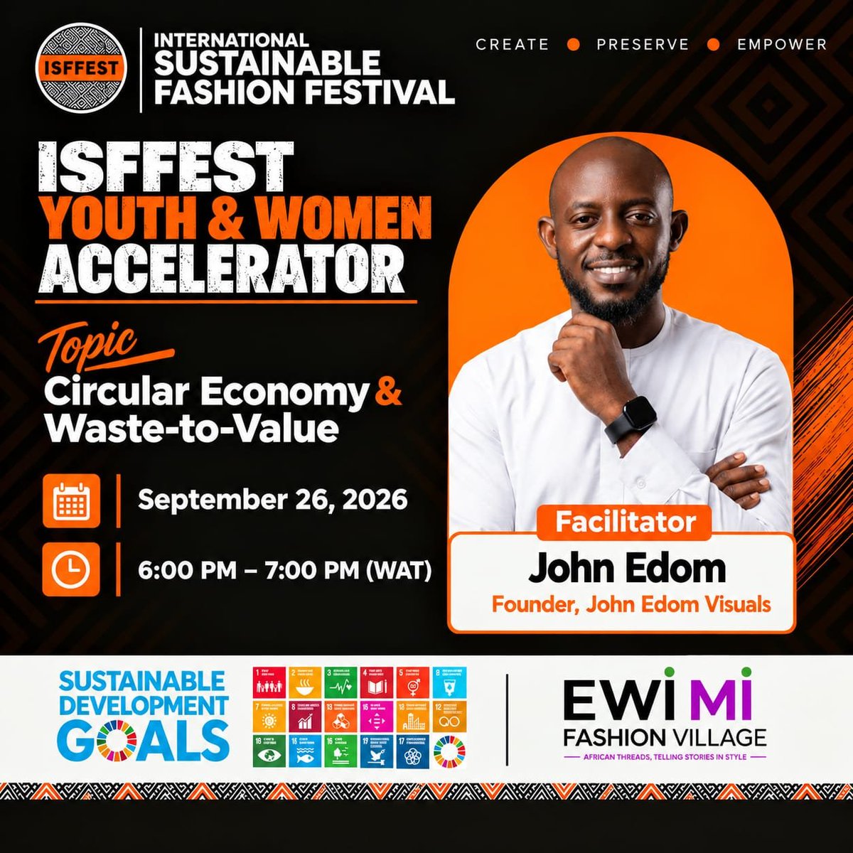 isffest_'s tweet photo. BUILDING VALUE FROM WHAT WE THROW AWAY.

What if waste isn’t the end of a product’s story, but the beginning of something new?

Join John Edom, Founder of John Edom Visuals, as he leads a session on Circular Economy &amp; Waste-to-Value at the ISFFEST Youth &amp; Women Accelerator. https://t.co/VBPIIulnp2
