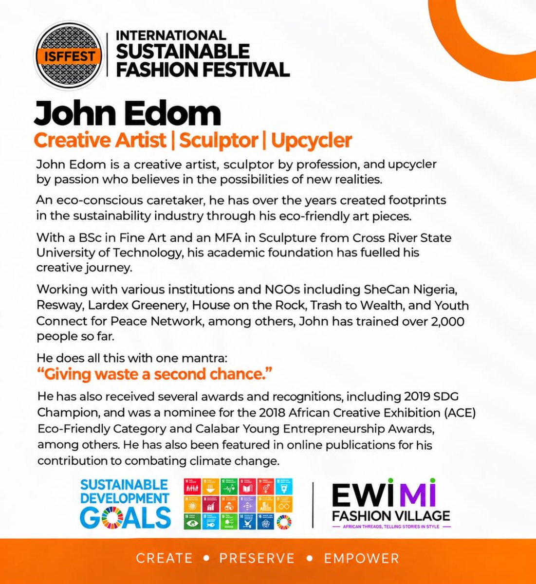 isffest_'s tweet photo. BUILDING VALUE FROM WHAT WE THROW AWAY.

What if waste isn’t the end of a product’s story, but the beginning of something new?

Join John Edom, Founder of John Edom Visuals, as he leads a session on Circular Economy &amp; Waste-to-Value at the ISFFEST Youth &amp; Women Accelerator. https://t.co/VBPIIulnp2