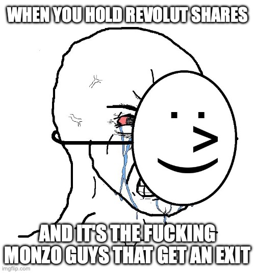 A "Soyjak vs Chad" style meme showing a crying wojak character representing Revolut share holders, contrasted with a smiling Chad-like figure with the Monzo logo, captioned about Monzo getting an exit while Revolut holders suffer.