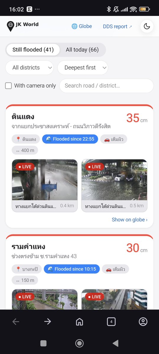 watcharate's tweet photo. Live ภาพกล้อง CCTV
เฉพาะถนนน้ำท่วม แบ่งตามเขตใน กทม.

https://t.co/BLhqJ7vAUC

#น้ําท่วมกทม #ฝนตกหนัก #น้ำท่วม
@js100radio https://t.co/8gTGZoxgIN