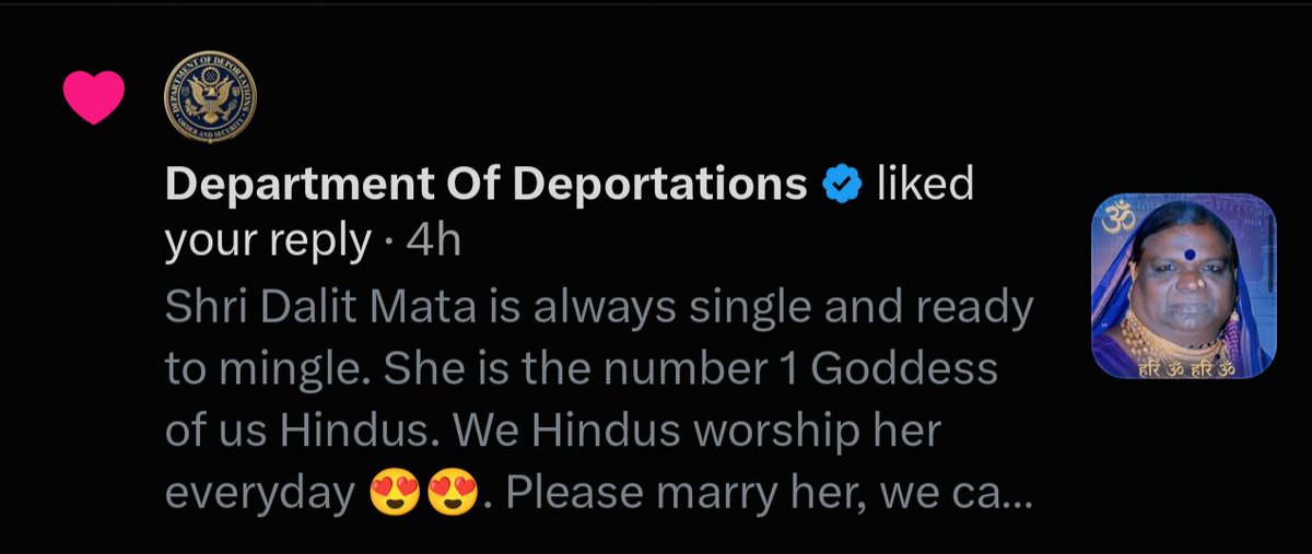 DiogenesEast's tweet photo. @DoDeportations liked my reply 😍😍😍. Hello saar. Please support Indian Hindu Goddess Shri Dalit Mata. We are proud Hindu follower of Dalit Mata. https://t.co/53ZjWtheQE