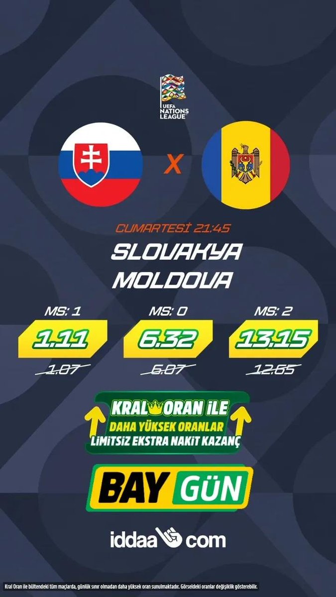 bayguniddaavip's tweet photo. ⚽ CUMARTESİ GECESİ ULUSLAR LİGİ!

🇸🇰 Slovakya 🆚 Moldova 🇲🇩
⏰ 21:45

🔥 Gecenin karşılaşmalarından biri daha BayGün’de!
👑 Kral Oran fırsatlarıyla futbol heyecanını takip et.

📲 301304 Emrah Baygün Şans Oyunları

#BayGün #301304 #Slovakya #Moldova #UluslarLigi #KralOran #iddaa https://t.co/zHaETV7oXb