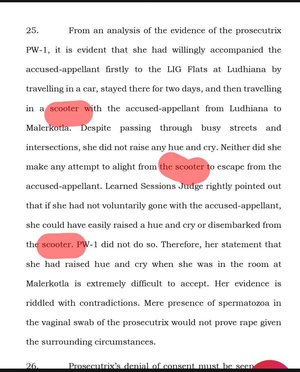 imra_mra's tweet photo. #WorldClassJudiciary

Paramjit Singh Bedi v. State of Punjab

Paramjit Singh biggest mistake was that he was born in India. In this case, 17 years of Paramjit life have been wasted.

In 2009, an FIR was registered against Paramjit under Sections 363, 366A, 366 and 376 of the IPC.

In 2012, the Sessions Court acquitted Paramjit under Section 366 but sentenced him to 10 years of rigorous imprisonment under Section 376 for rape. What is worth noting here is that the Sessions Court found the victim testimony partially unreliable, and therefore acquitted Paramjit under Section 366, which is related to kidnapping and abduction.

In 2013, the High Court upheld the conviction, and here the High Court relied upon Section 114A of the Indian Evidence Act, meaning a statutory presumption regarding consent, basically that what the girl says about consent is presumed to be true.

Paramjit challenged this conviction in the Supreme Court, where the evidence was examined and Paramjit was ultimately acquitted.

Reasons for the acquittal:-

1. There were serious contradictions in the victim testimony.

2. The victim testimony was considered unreliable for one charge, while the same testimony was relied upon to convict him under another charge. The Supreme Court found this approach to be wrong.

3. The victim stayed with the accused for five to six days and travelled around the city with him on a scooter. The Supreme Court specifically took note of this fact.

4. The Court also made it clear that a positive medical report, by itself, does not prove that rape took place.

And then come the same questions:-

1. Why was no action taken against the Sessions Court and High Court judges?

2. Why was no action taken against the girl?

3. Who will compensate Paramjit for the six years he spent in jail?

With such utterly ridiculous laws and an equally absurd judicial system, one thing is certain:- India is not going to become VISHWAGURU.

@rashtrapatibhvn