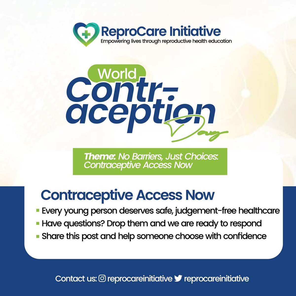 REPROCAREI's tweet photo. 💚 This #WorldContraceptionDay, let’s promote access to accurate information and open conversations.
No barriers. Just choices.
#ReproCareInitiative #ContraceptiveAccessNow https://t.co/42XVGMxTfJ