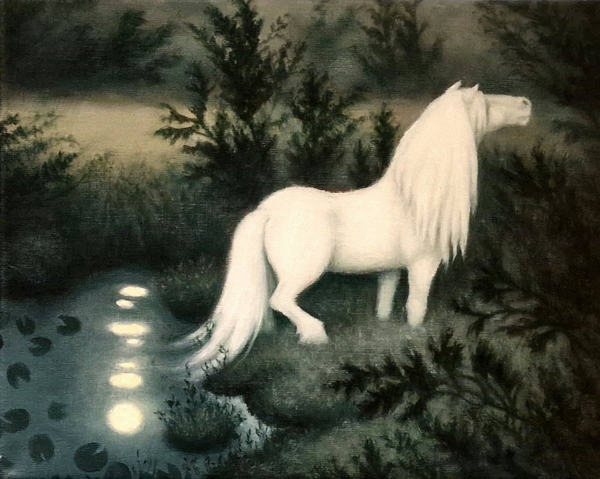 NorskViking1's tweet photo. Nøkken som hvit hest (Nøkken as a white horse). Small study in oils after Th. Kittelsen. Nøkken is a shape-shifting, malevolent water spirit from Scandinavian and Germanic folklore #oilpainting #smallworks #masterstudy #folklore https://t.co/ioUvAnLnfL
