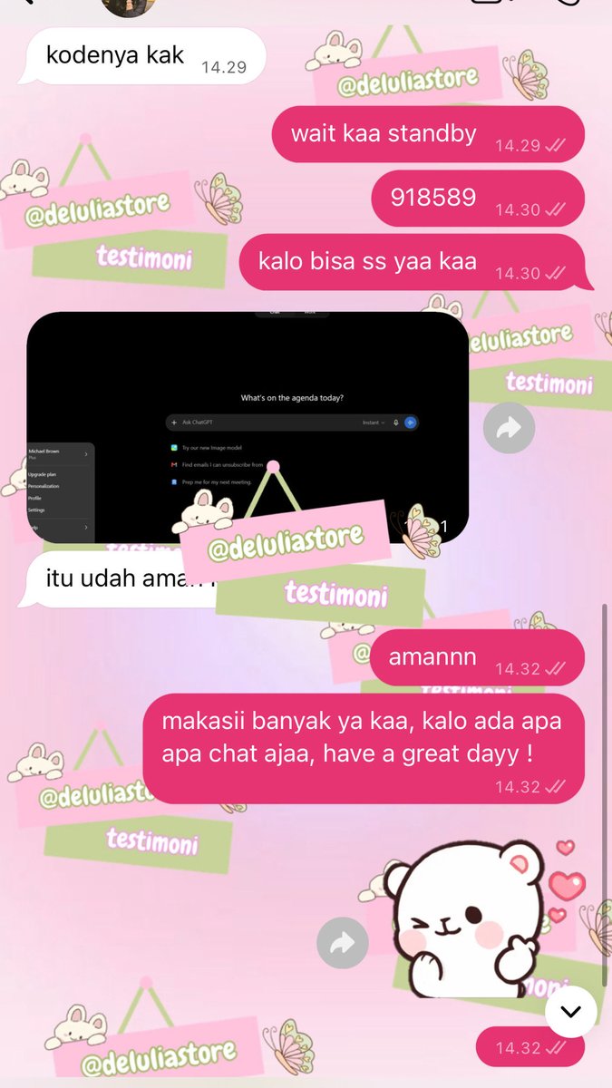 deluliaa's tweet photo. readyy yaa chatgpt plus &amp; go, full garansi, bisa langsung loginn 🙌🏻
order https://t.co/wKCF3utoEm
sharing : plan plus
7 hari : 16k
1 bulan 8u : 35k
1 bulan 5u : 50k

sharing : plan go
7 hari : 14k
1 bulan 8u : 25k
1 bulan 5u : 30k
private 1 bulan
PLUS : 168k
GO : 97k https://t.co/F2sPeXHRiw