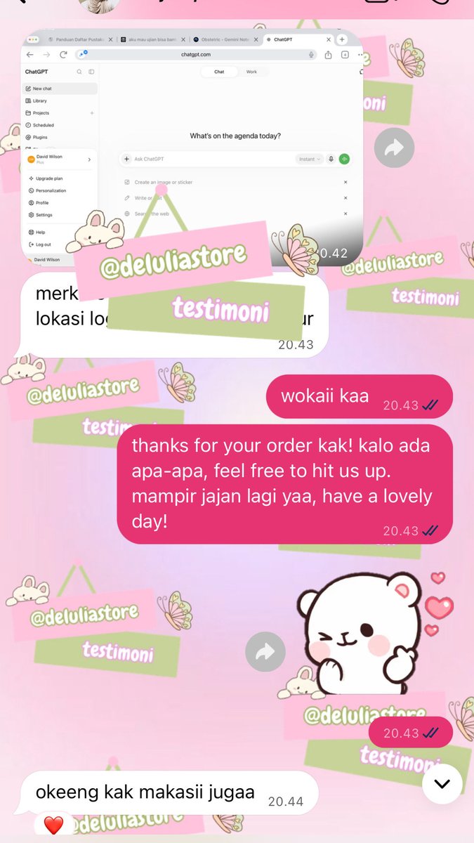 deluliaa's tweet photo. readyy yaa chatgpt plus &amp; go, full garansi, bisa langsung loginn 🙌🏻
order https://t.co/wKCF3utoEm
sharing : plan plus
7 hari : 16k
1 bulan 8u : 35k
1 bulan 5u : 50k

sharing : plan go
7 hari : 14k
1 bulan 8u : 25k
1 bulan 5u : 30k
private 1 bulan
PLUS : 168k
GO : 97k https://t.co/F2sPeXHRiw