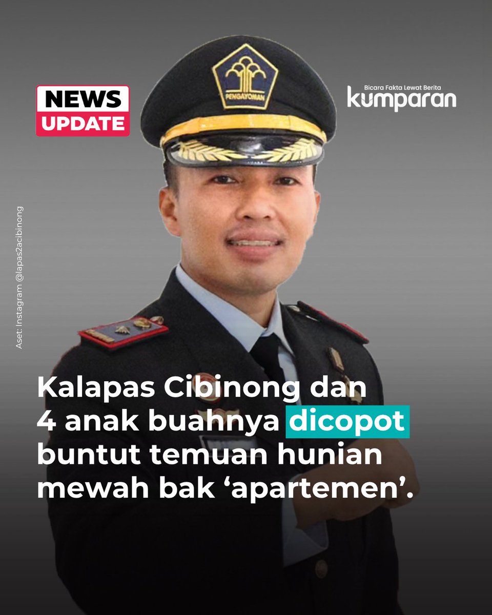 kumparan's tweet photo. Kementerian Imigrasi dan Pemasyarakatan (Imipas) mencopot Wisnu Hani Putranto dari jabatannya sebagai Kepala Lembaga Pemasyarakatan (Kalapas) Kelas IIA Cibinong. Pencopotan ini buntut temuan Ombudsman RI terkait hunian mewah bak apartemen di lapas tersebut.

Selain Wisnu, ada 4 anak buahnya yang juga dicopot. Mereka adalah Kepala Kesatuan Pengamanan Lembaga Pemasyarakatan (KPLP), Kasi Binadik, Kasi Kamtib, dan Kepala Urusan Umum di Lapas Cibinong.

"Iya, dicopot dan diperiksa," kata Inspektur Jenderal Kemenimipas, Rudi Setiawan, saat dikonfirmasi, Sabtu (26/9).

Rudi menjelaskan, pemeriksaan dilakukan untuk menelusuri awal mula keberadaan hunian mewah tersebut. Menurutnya, ini penting dilakukan guna memperbaiki tata kelola yang ada.

Di sisi lain, Rudi mengatakan, untuk mendalami temuan ini pihaknya juga melakukan pemeriksaan terhadap para warga binaan dan para pegawai di Lapas Cibinong.

📸: Dok. Instagram @/lapas2acibinong .
⁠
Baca selengkapnya dengan klik link di bio. Cari tahu berita update lainnya dengan download aplikasi kumparan di App Store atau Google Play.⁠
⁠
📝: newsupdate | update | news | oneliner | R129 | E037 | E158 | E169
#bicarafaktalewatberita #kumparan