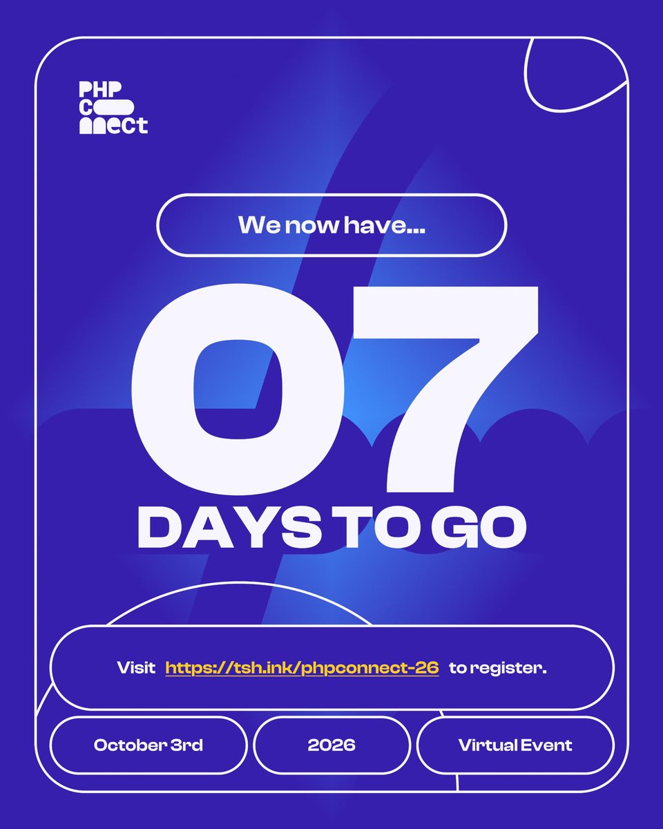 PhpTalks's tweet photo. 7 days to go. 🚨

PHPConnect'26 keeps getting closer. Speakers ready, sponsors locked in, a lineup packed with real PHP &amp; Laravel conversations.

📅 Oct 3rd, 2026
💻 Virtual · Free

Register: https://t.co/8rttaCKVFj

#PHPConnect2026 #PHP #Laravel https://t.co/32vGLyU5MI