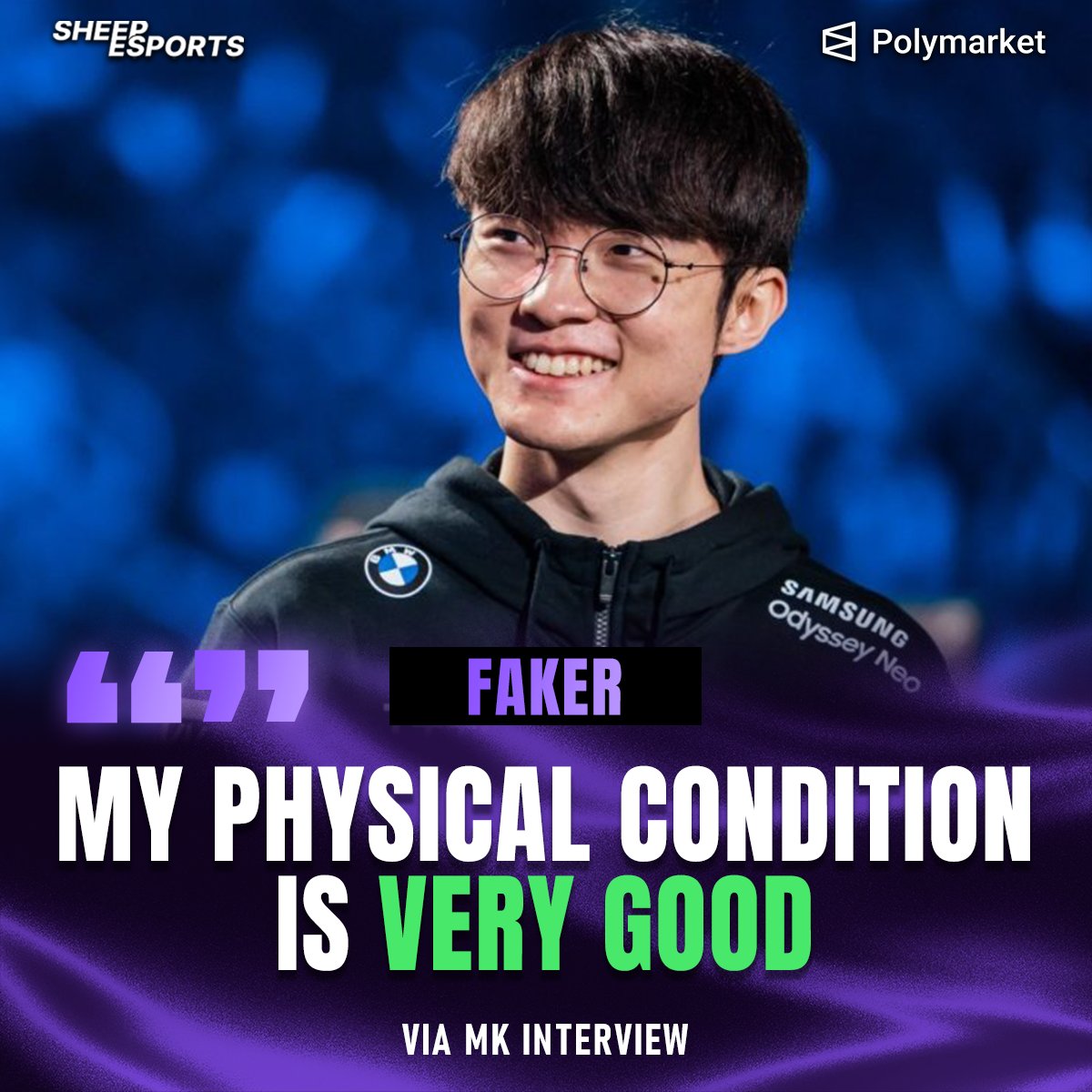 Sheep_Esports's tweet photo. Faker 🇰🇷 shows confidence in his physical condition 3 days before the Asian Games and 20 days before Worlds:

"My physical condition is very good."

"The matches [at Asian Games] are at a somewhat early time. Since it is not the time when we usually play matches, I am trying to adapt."

"Here, I have to bring my wake-up time forward by about six to seven hours compared to usual. I think I will adjust those parts while here."