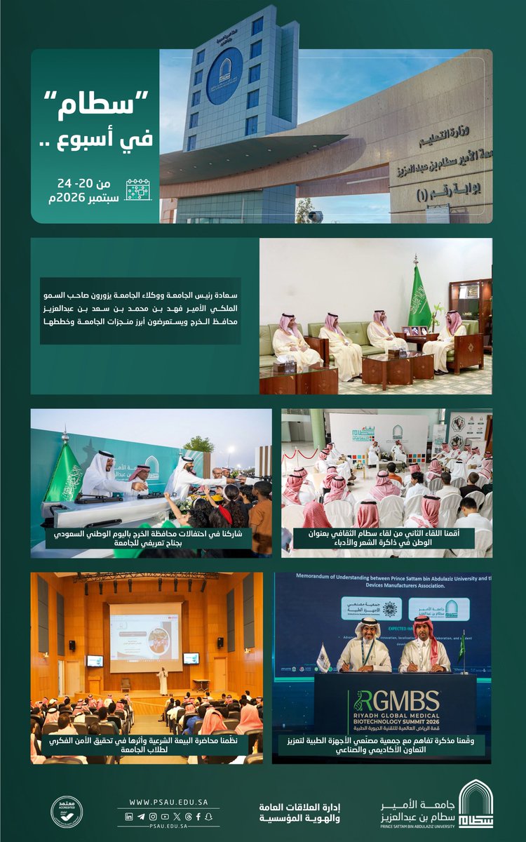 psau_edu_sa's tweet photo. أسبوع وطني حافل |
شهدت #جامعة_الأمير_سطام أسبوعًا حافلًا بالحضور والإنجاز، تزامن مع الاحتفاء بـ #اليوم_الوطني_السعودي، وعكس حراك الجامعة وتفاعلها المجتمعي وشراكاتها النوعية في مختلف المجالات. https://t.co/sifG3OVlxL