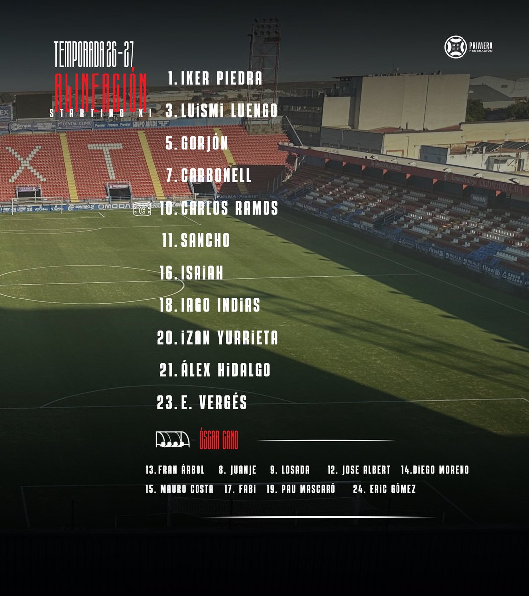 ZCFoficial's tweet photo. JORNADA 5⚽️ |

Estos son los 1️⃣1️⃣ elegidos para el partido de hoy frente al @CDExt1924 👏🏼

¡En menos de una hora arranca la quinta jornada de liga! ❤️🤍

#VamosMiZamora https://t.co/YS4EwFtpTY