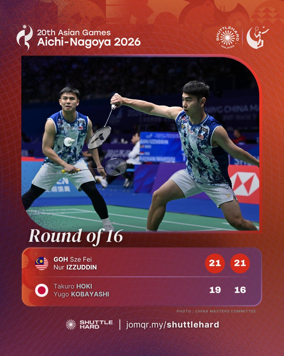 ShuttleHard's tweet photo. 𝐊𝐄𝐏𝐔𝐓𝐔𝐒𝐀𝐍 𝐏𝐄𝐑𝐋𝐀𝐖𝐀𝐍𝐀𝐍 #AsianGames2026 
Individu | Pusingan Kedua (R16)

FeiDin wakil #BadmintonMalaysia ke-0️⃣2️⃣ mara ke Suku Akhir #AichiNagoya2026!

🇲🇾 Goh Sze Fei & Nur Izzuddin Rumsani teruskan momentum dalam debut Sukan Asia, tumpaskan bekas Juara Dunia dan wakil tuan rumah 🇯🇵 untuk ke Suku Akhir sulung 🔥

🆚 Lawan Seterusnya (QF):
🇨🇳 Liang/Wang atau 🇹🇭 Charoenkitamorn/Thongsa-Nga

#20thAsianGames 
#UNBRKBL 
#ShuttleHard