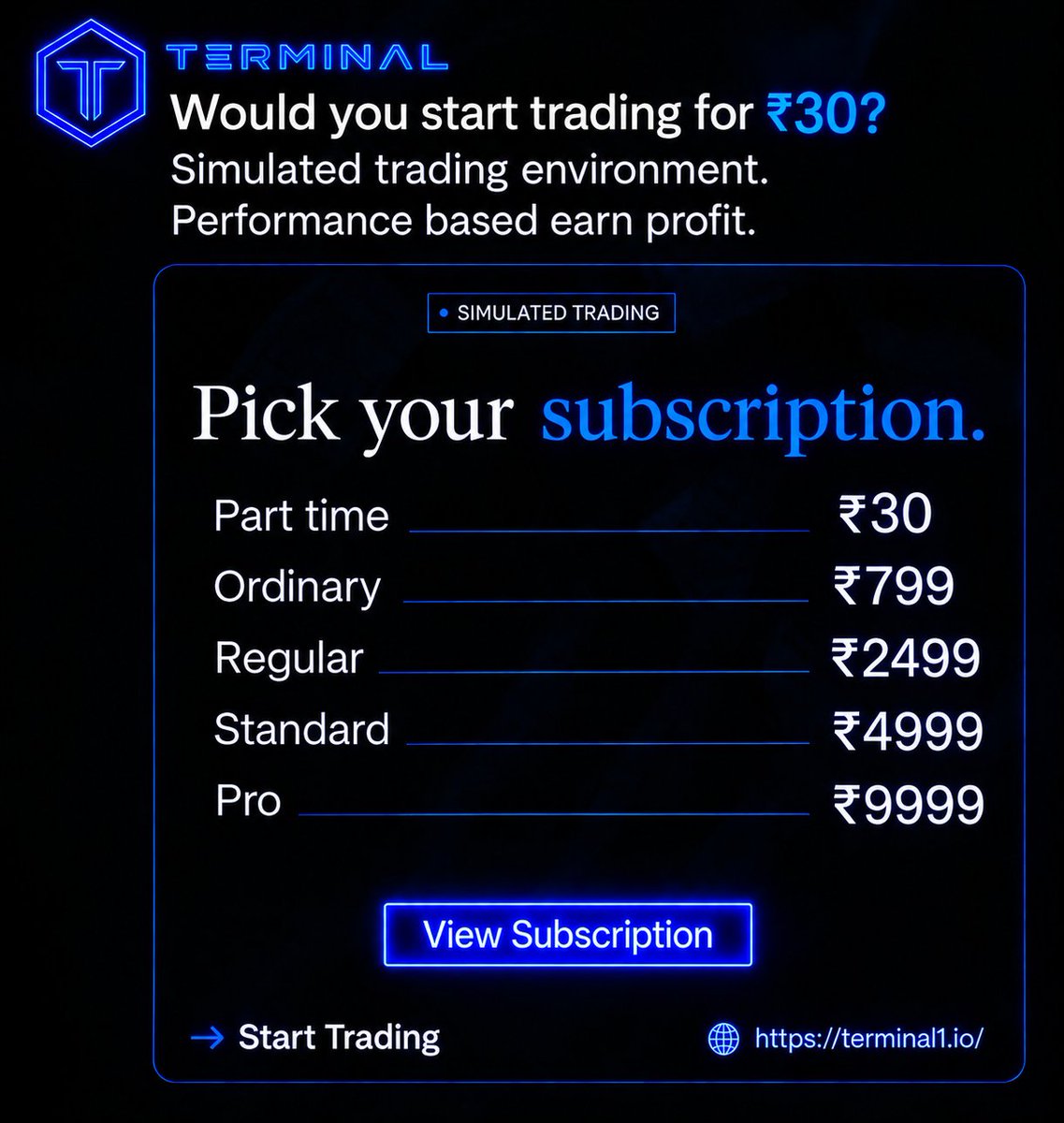 Terminalpw's tweet photo. Start trading for just ₹30. 🚀

Email at support@terminal1.io.
https://t.co/O048OLmPzP

#Terminal #Trading #CryptoTrading #TradingCommunity https://t.co/Rov9BmU83p