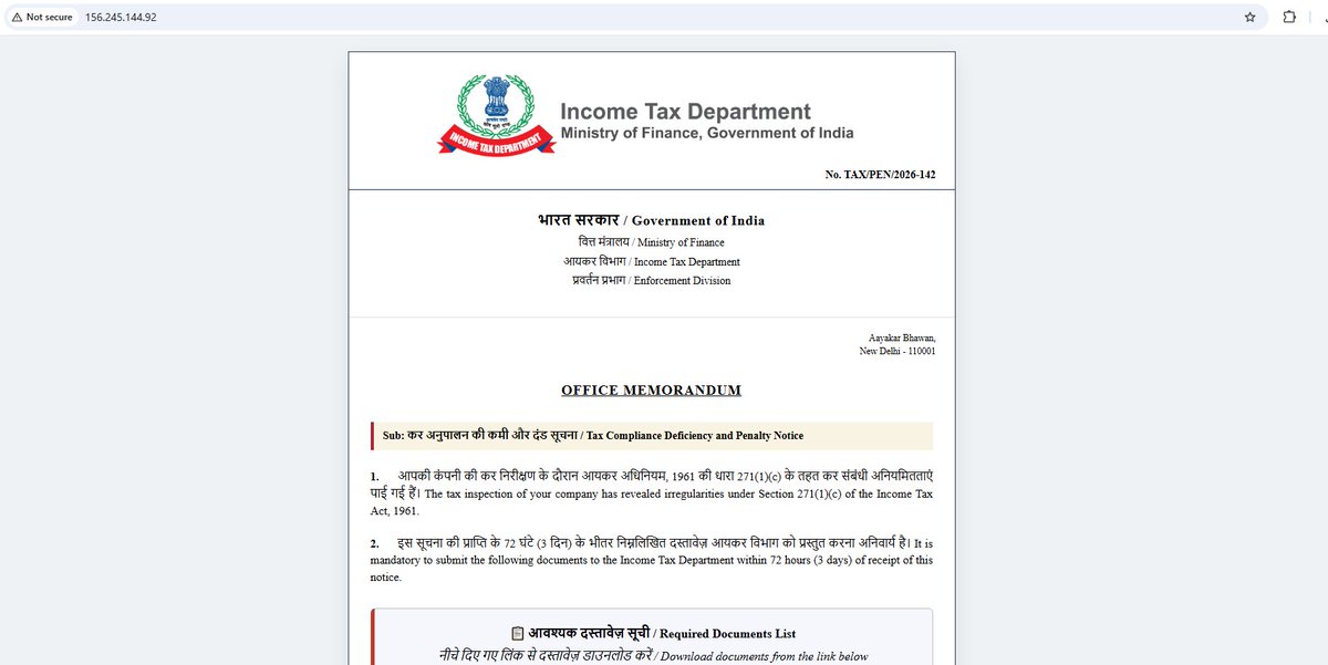 Malwarehunterr's tweet photo. More fake Income Tax Department portals are being used to distribute malware.  

cheulmri[.]link
156.245.144[.]92
pureveda[.]fyi

#Malware #Phishing #CyberSecurity #ThreatIntel #InfoSec #India @IndianCERT @Cyberdost https://t.co/OHVUR31ttv