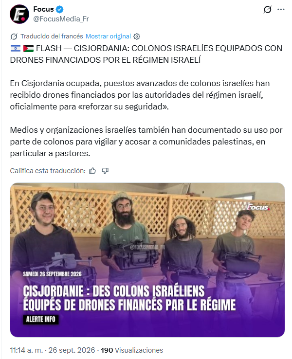 EscritorJCamara's tweet photo. Israel proporciona drones a los colonos asesinos para acosar a las comunidades palestinas.
#netanyahugenocide https://t.co/l3nathJBj5