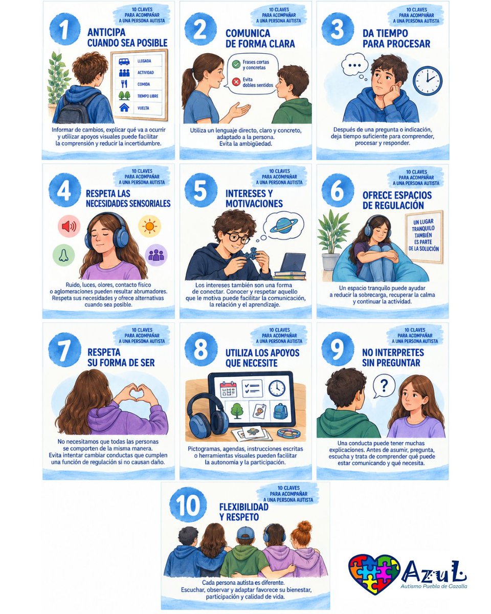 Autismopbladcaz's tweet photo. 10 claves para acompañar a una persona autista 💙
Acompañar no es decirle cómo tiene que ser. Es conocer, escuchar y adaptar cuando sea necesario.
Durante 10 días compartiremos claves para favorecer la comunicación, la comprensión, la participación y el bienestar.
#HazteAzul #TEA https://t.co/fRPcT2xsHs