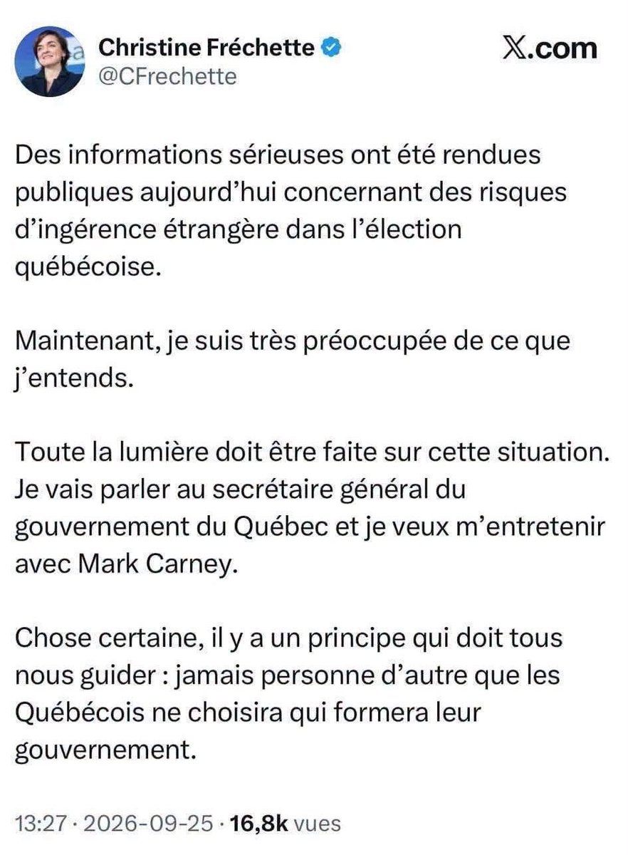 GThibodeau_Mtl's tweet photo. QUÉBEC / Élections 2026
Un blogue anonyme, c’est de l’ingérence?

TVA puis Fréchette embarquent dans cette idée d’ingérence américaine. Pourtant la source de tout ce bruit n’est pas Washington.
C’est un texte mis en ligne le 26 février 2026 sur un petit site appelé defenseanalyses . org.
L’organisme se nomme DARC. Ce n’est pas le Pentagone. Ce n’est pas la Maison-Blanche. Ce n’est pas l’administration Trump.
C’est un groupe privé récent qui publie des textes chocs pour se faire remarquer, comme il en existe partout sur Internet.

L’article s’intitule The Centrifugal Strategy. L’auteur se cache derrière le surnom Mukden. Sur ce site, beaucoup d’écrits portent des faux noms. On paie même de petites sommes pour ce genre de textes. Le but est clair. Attirer l’œil. Faire de la controverse. Surtout pas diriger la politique américaine.

Le 25 septembre, TVA et Québecor transforment ce blogue en «informations sérieuses» d’ingérence étrangère.
Christine Fréchette embarque. Elle dit être très préoccupée. Elle veut parler à Mark Carney. Elle rappelle que seuls les Québécois doivent choisir leur gouvernement.
Le message de campagne est facile à lire. Trump. La peur d’une division. Le Parti québécois dans le viseur.

Plus tard le même jour, elle change de ton. Rien de confirmé ne menace l’intégrité de l’élection. Ottawa dit n’avoir aucune preuve.
TVA cherche le croustillant. Des lecteurs à tout prix.
Un blogue anonyme devient une affaire d’État, sans trop vérifier d’où ça vient.

Fréchette a dit qu'il y aurait eu une approche américaine au printemps pour parler de tarifs avec Québec. Elle dit avoir dit non.
Tout le reste est gonflé.
Un article signé d’un faux nom, publié par un petit site qui veut des clics, se retrouve à la télé et dans la bouche d’une cheffe en campagne, dix jours avant le vote.

Ce n’est pas une preuve d’ingérence. C’est une histoire ridicule, gonflée pour faire du bruit.

Fréchette s’en sert pour paraître plus sérieuse. Erreur.