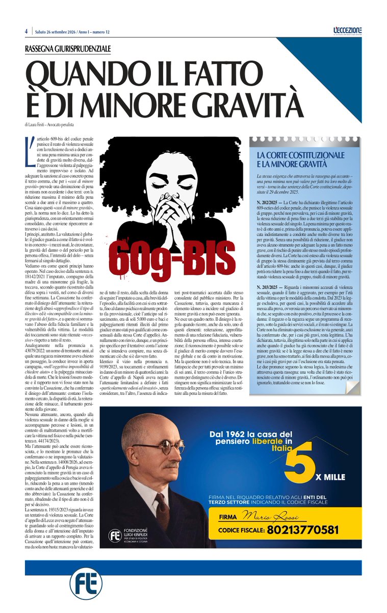 gdcaiazza's tweet photo. Il codice penale prevede espressamente che per le violenze sessuali “di minore gravità” la pena possa essere diminuita fino a 2/3, una enormità. Ma non fissa alcun criterio che definisca la “minore gravità”, per garantire certezza del diritto ed uguaglianza dei cittadini di fronte alla legge. Tutto dipenderà dalla personale sensibilità del giudice che la sorte ti assegna. È mai possibile che condotte simili possano comportare punizioni così straordinariamente diverse? Non mancate di leggere L’Eccezione di questa settimana!👇👇