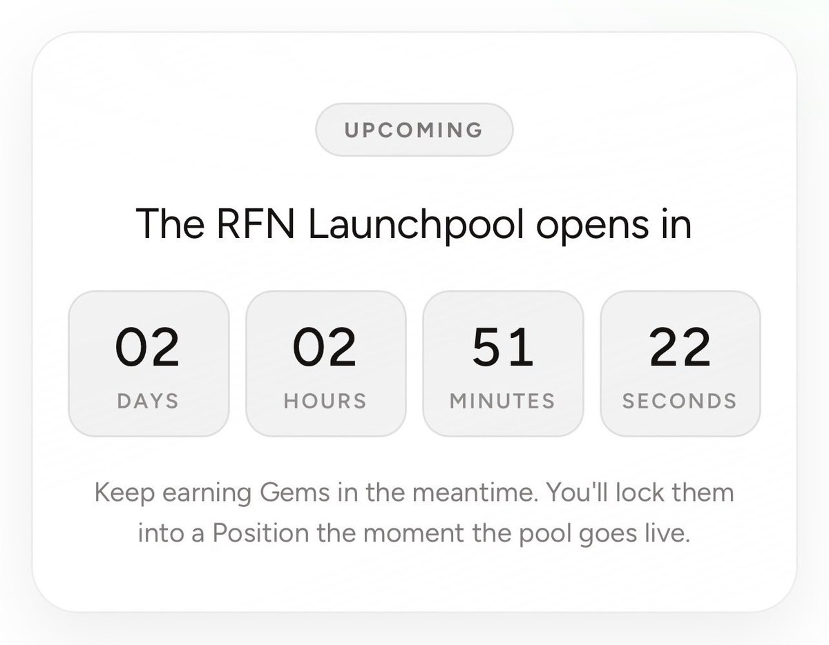 ryfinite's tweet photo. Countdown: ON ⏳

The $RFN Pool is coming.

Collect your Gems.
Watch the clock.
Be ready for your share of the early-stage $RFN allocation 💎🔥

Join here 👉 https://t.co/92ZarJ5HLn https://t.co/xzJiKhJNot